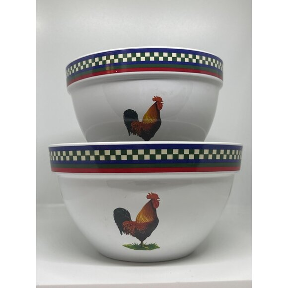 VTG International Rooster Bowls Set 2 Farmhouse Mixing & Serving Bowls 8.5" & 7" - Picture 3 of 9